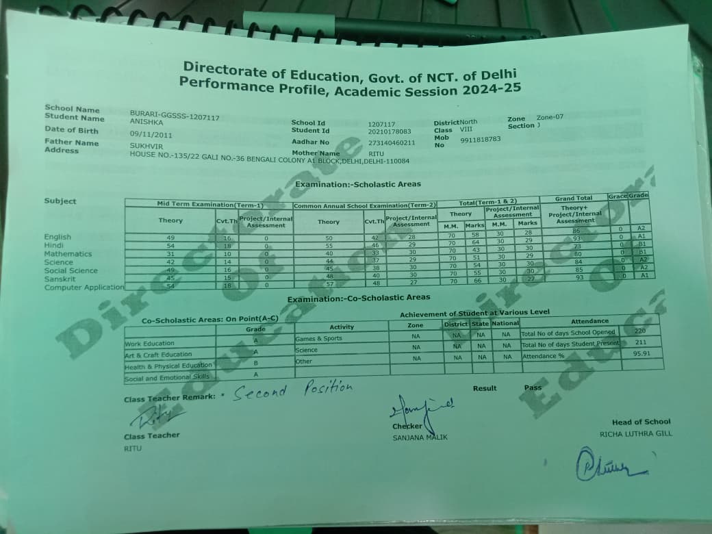 Anishka - 92% in Class 8th Sarvodaya Burari School and Selected in SOSE Entrance Exam